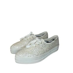 Keds Womens 9 Ivory Glitter Pointed Toe Platform Sneakers Gold Accents EU 40